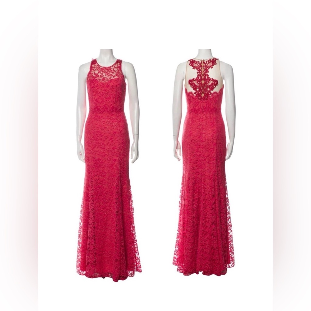 NWT Marchesa Notte sleeveless red lace illusion beaded back evening gown dress